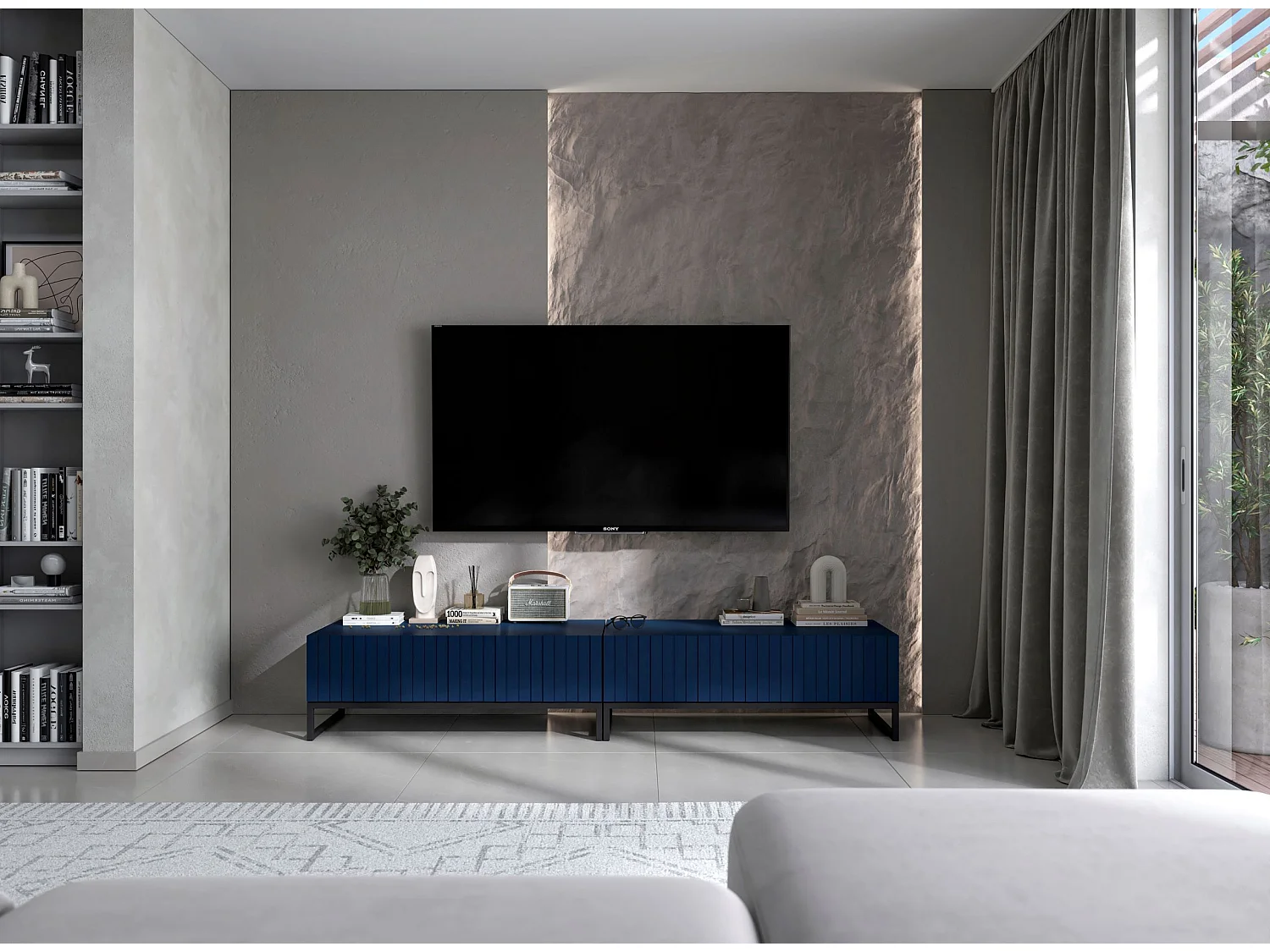 Meuble TV avec 2 portes - Corps Bleu marine mat, façades rainurées Bleu marine mat - 220 cm, Cadre en métal noir