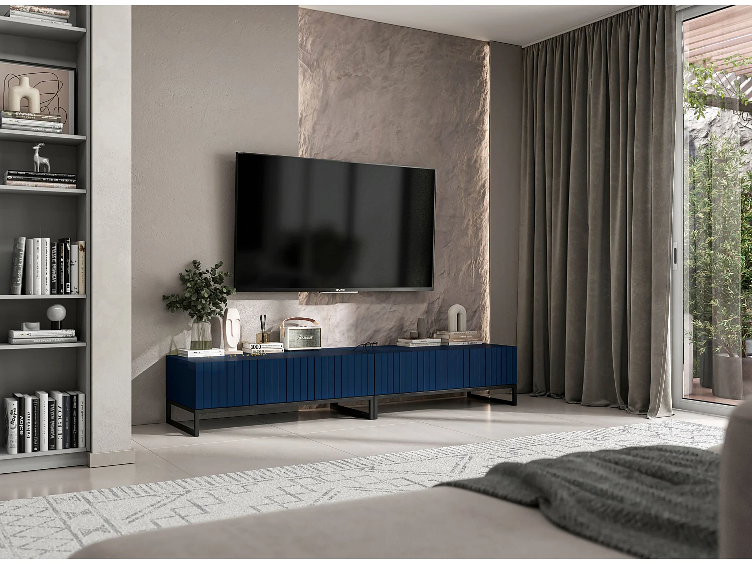 Meuble TV avec 2 portes - Corps Bleu marine mat, façades rainurées Bleu marine mat - 220 cm, Cadre en métal noir