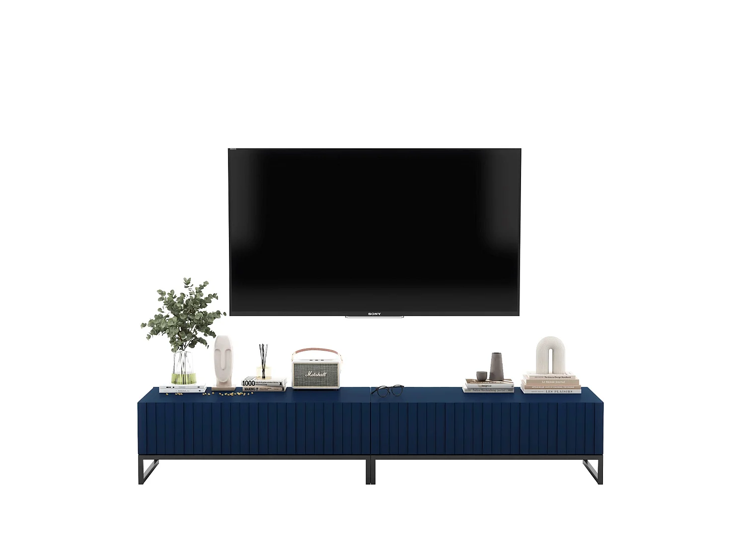 TV-Möbel mit 2 Türen - Korpus Marineblau matt, geriffelte Fronten Marineblau matt - 220 cm, Rahmen aus schwarzem Metall