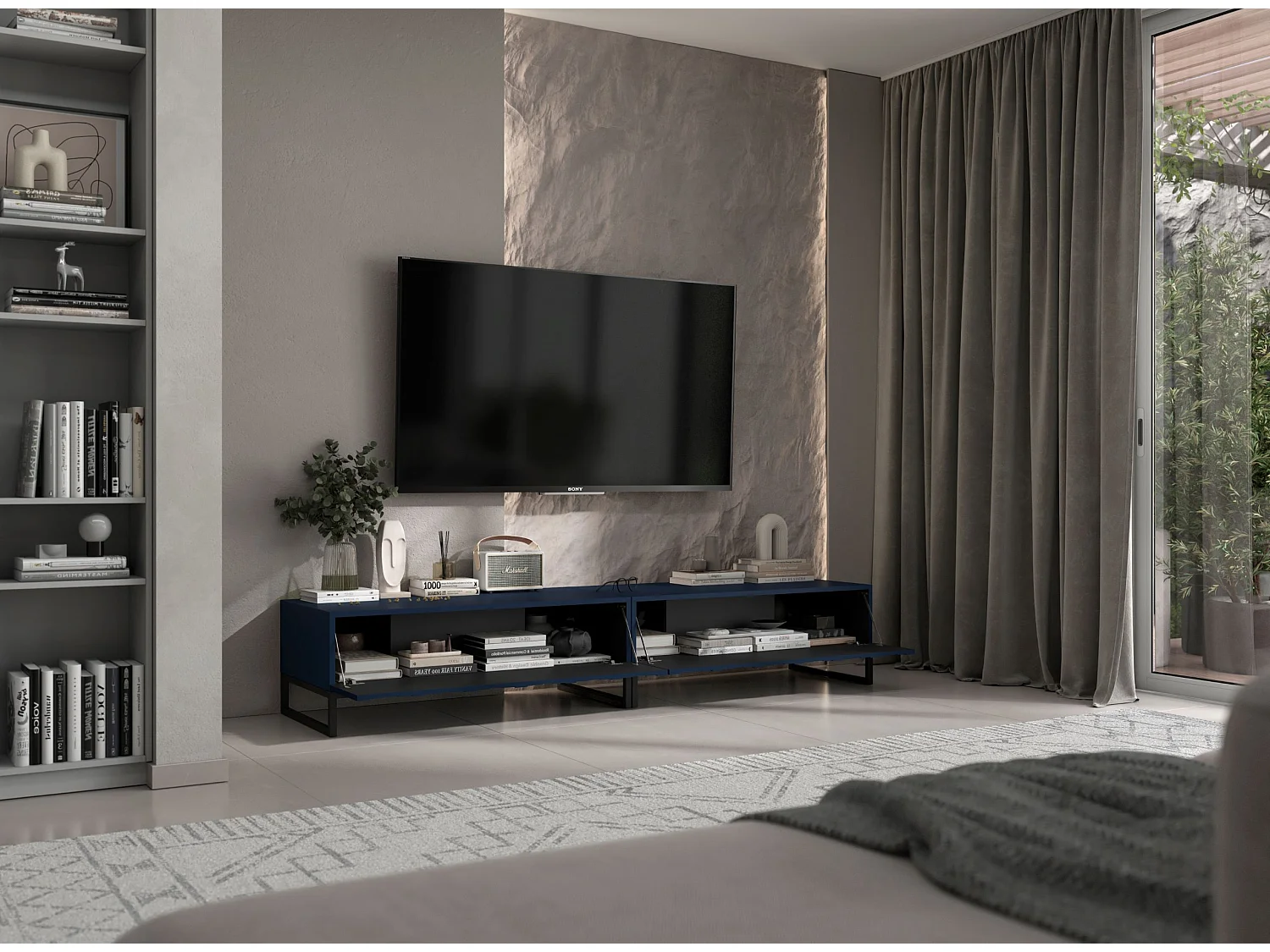 TV-Möbel mit 2 Türen - Korpus Marineblau matt, geriffelte Fronten Marineblau matt - 220 cm, Rahmen aus schwarzem Metall