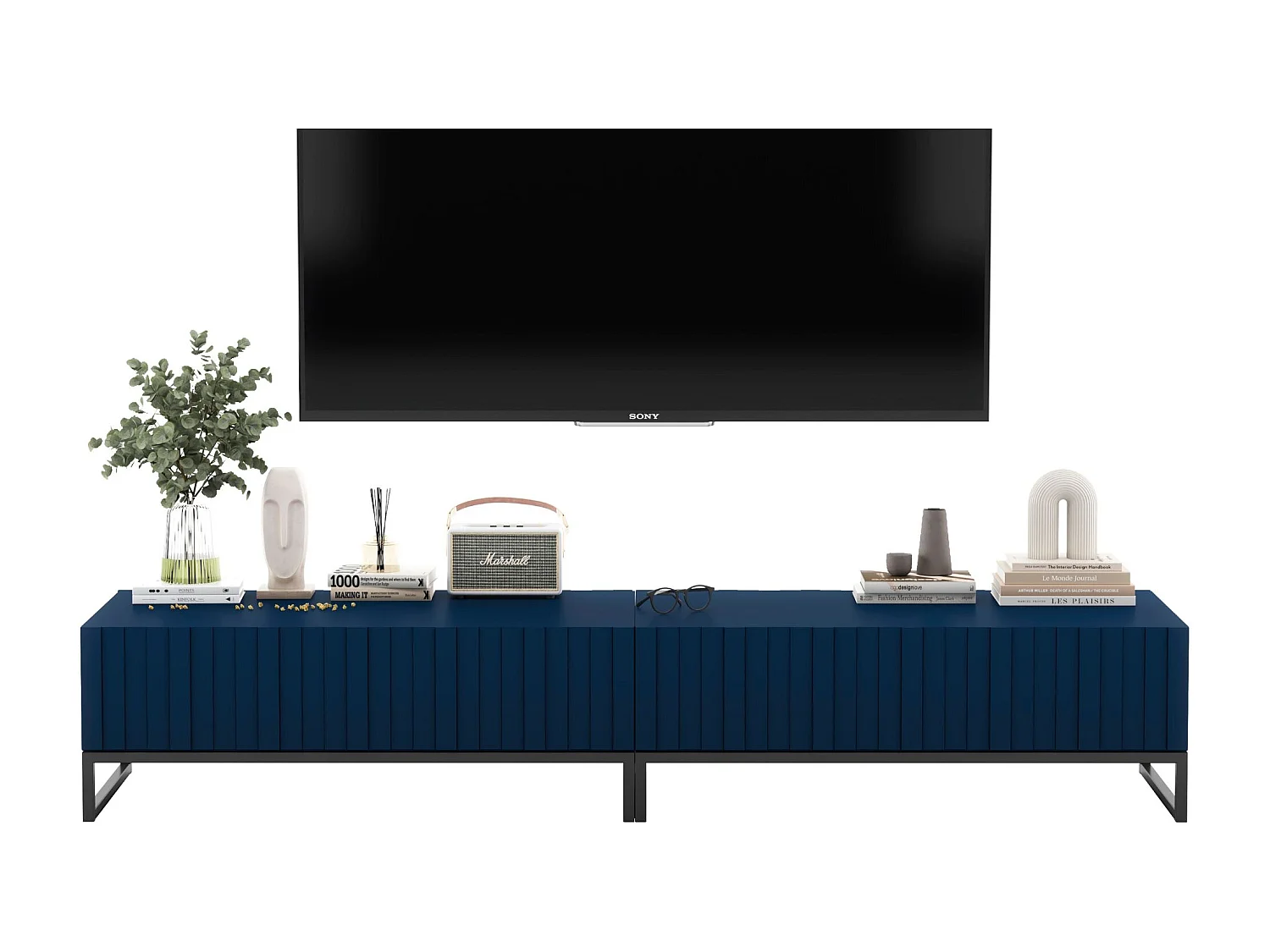 Meuble TV avec 2 portes - Corps Bleu marine mat, façades rainurées Bleu marine mat - 220 cm, Cadre en métal noir