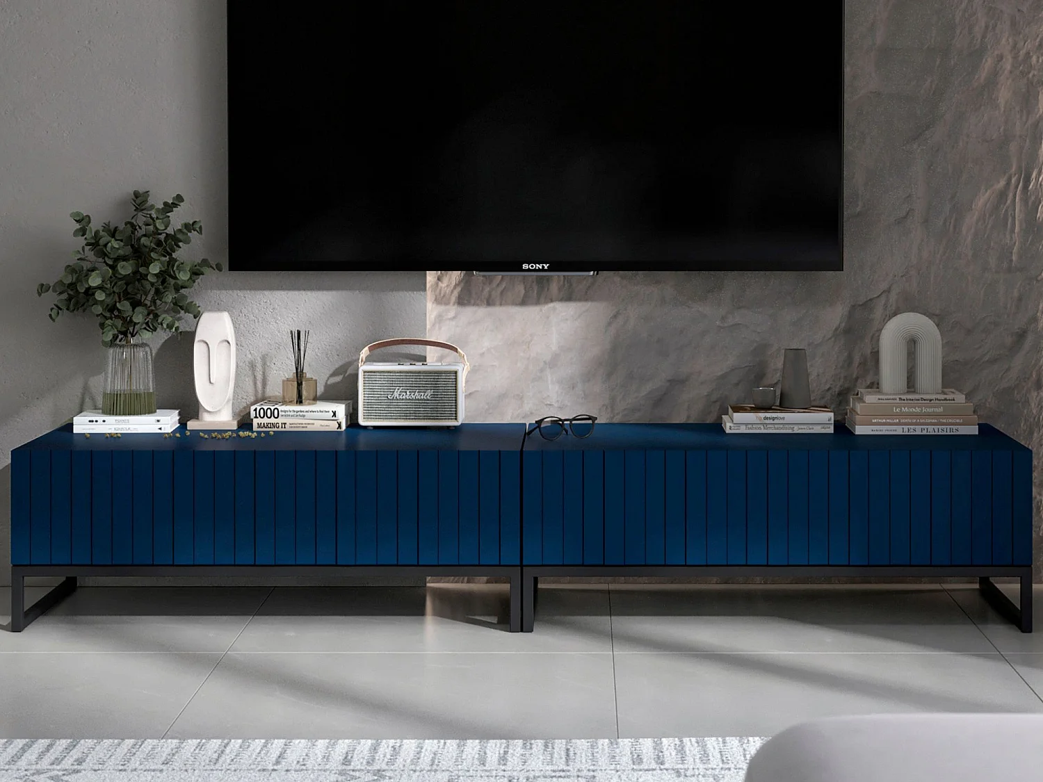 Meuble TV avec 2 portes - Corps Bleu marine mat, façades rainurées Bleu marine mat - 220 cm, Cadre en métal noir