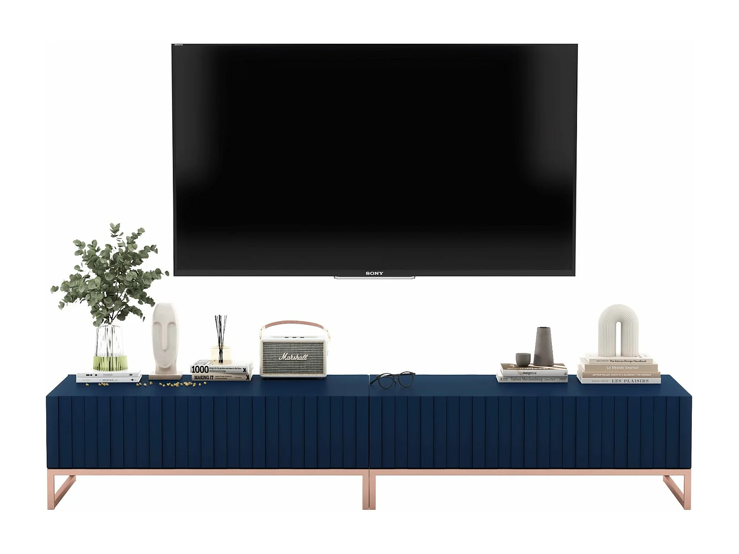 Meuble TV avec 2 portes - Corps Bleu marine mat, façades rainurées Bleu marine mat - 220 cm, cadre métallique