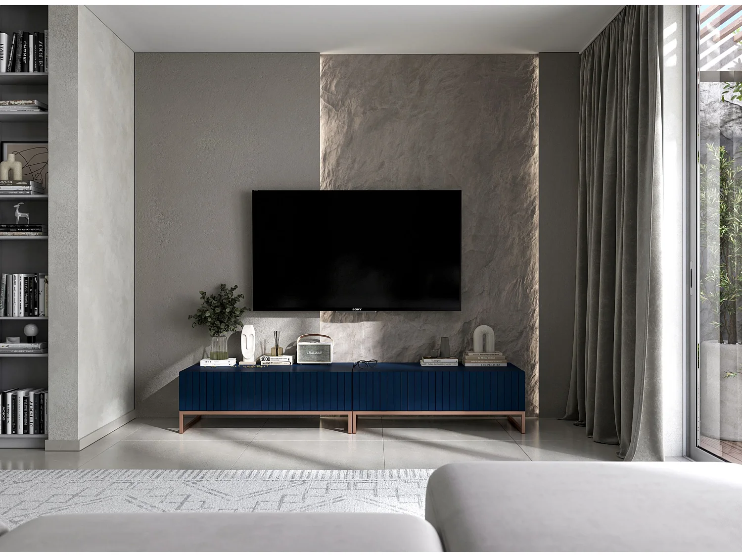 Meuble TV avec 2 portes - Corps Bleu marine mat, façades rainurées Bleu marine mat - 220 cm, cadre métallique