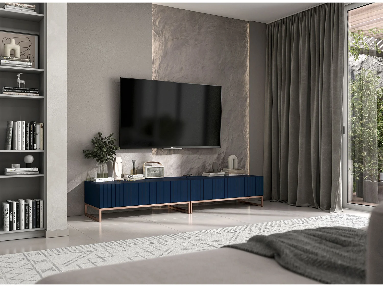 Meuble TV avec 2 portes - Corps Bleu marine mat, façades rainurées Bleu marine mat - 220 cm, cadre métallique