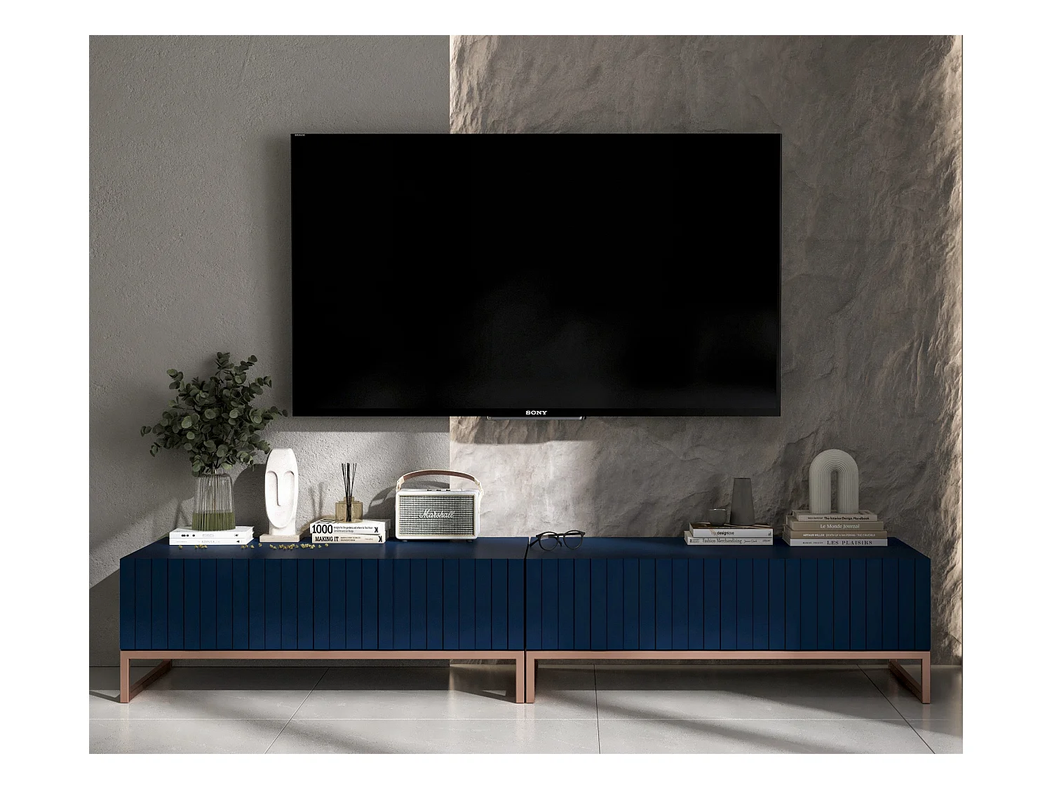 Meuble TV avec 2 portes - Corps Bleu marine mat, façades rainurées Bleu marine mat - 220 cm, cadre métallique