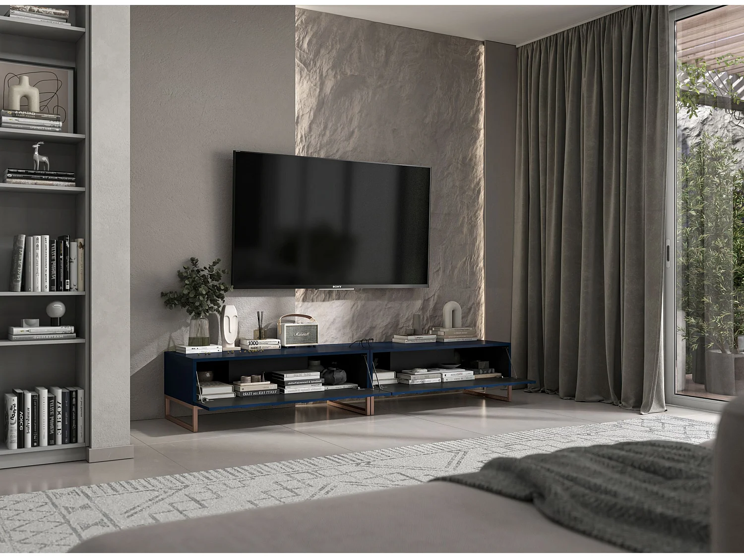 Meuble TV avec 2 portes - Corps Bleu marine mat, façades rainurées Bleu marine mat - 220 cm, cadre métallique