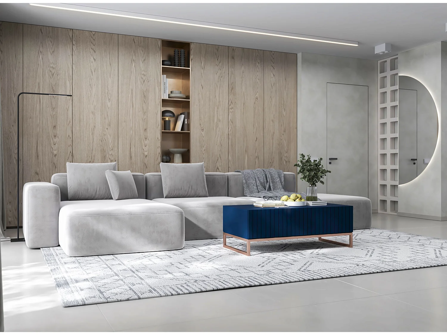 Meuble TV avec 2 portes - Corps Bleu marine mat, façades rainurées Bleu marine mat - 220 cm, cadre métallique