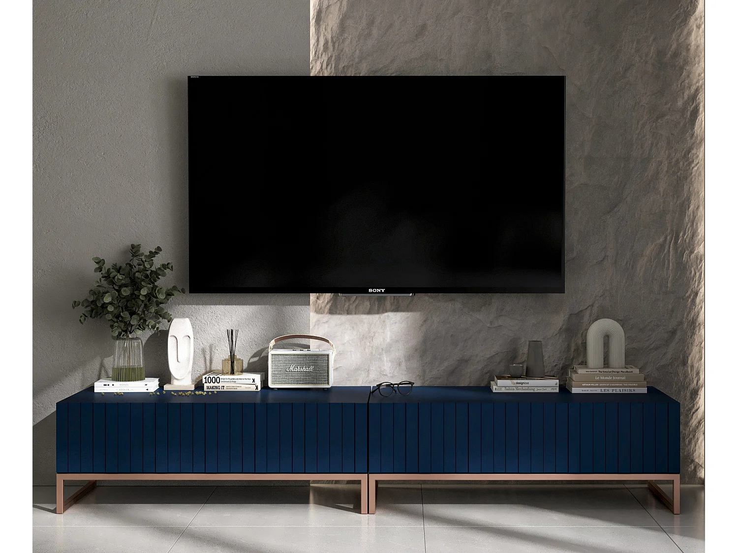 TV-Möbel mit 2 Türen - Korpus Marineblau matt, geriffelte Fronten Marineblau matt - 220 cm, Metallrahmen