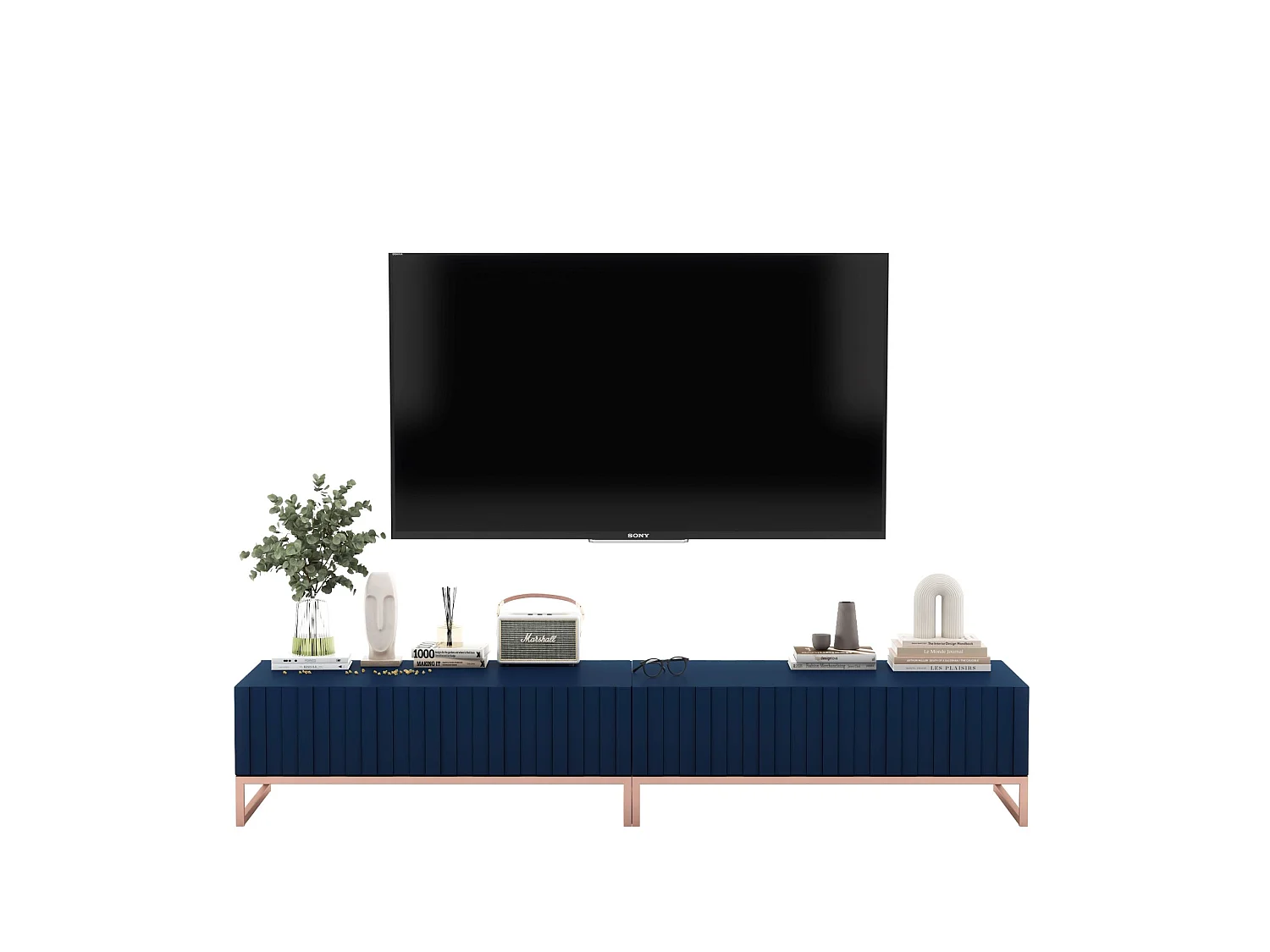 TV-Möbel mit 2 Türen - Korpus Marineblau matt, geriffelte Fronten Marineblau matt - 220 cm, Metallrahmen