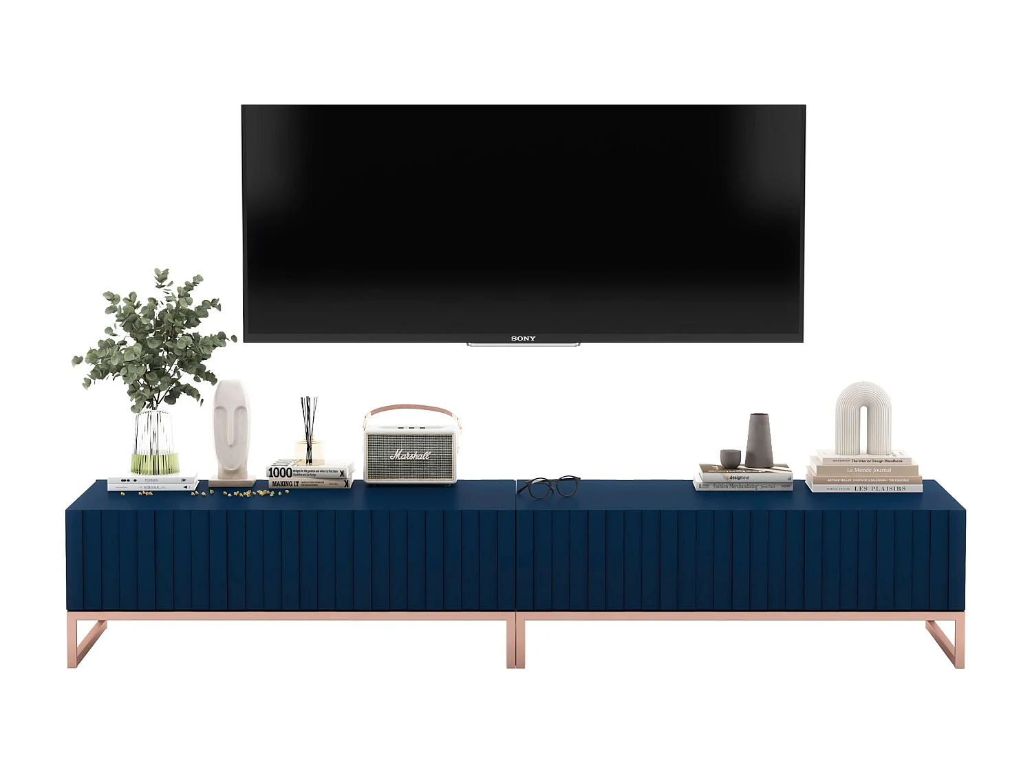 Meuble TV avec 2 portes - Corps Bleu marine mat, façades rainurées Bleu marine mat - 220 cm, cadre métallique