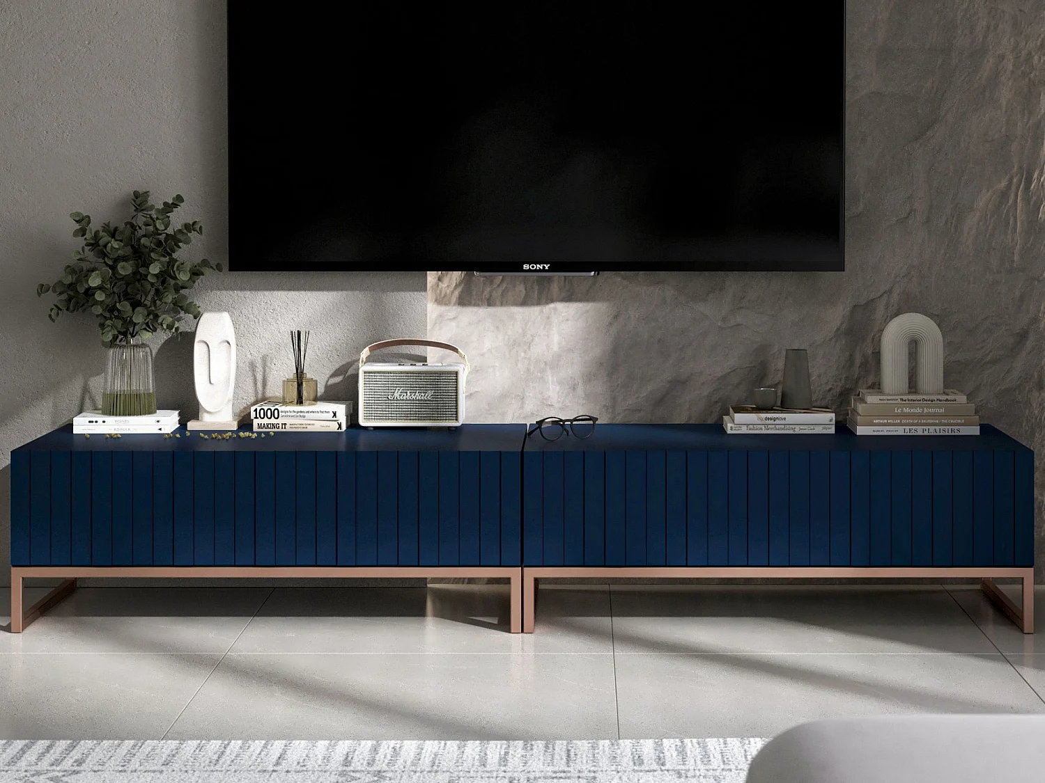 Meuble TV avec 2 portes - Corps Bleu marine mat, façades rainurées Bleu marine mat - 220 cm, cadre métallique