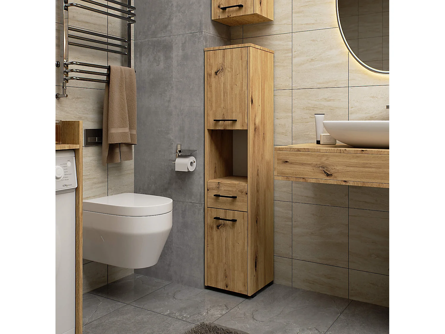 Columna de baño AKORD FIN Roble Artisan 30 cm 2 puertas 1 cajón 5 estantes 30x30x140 cm
