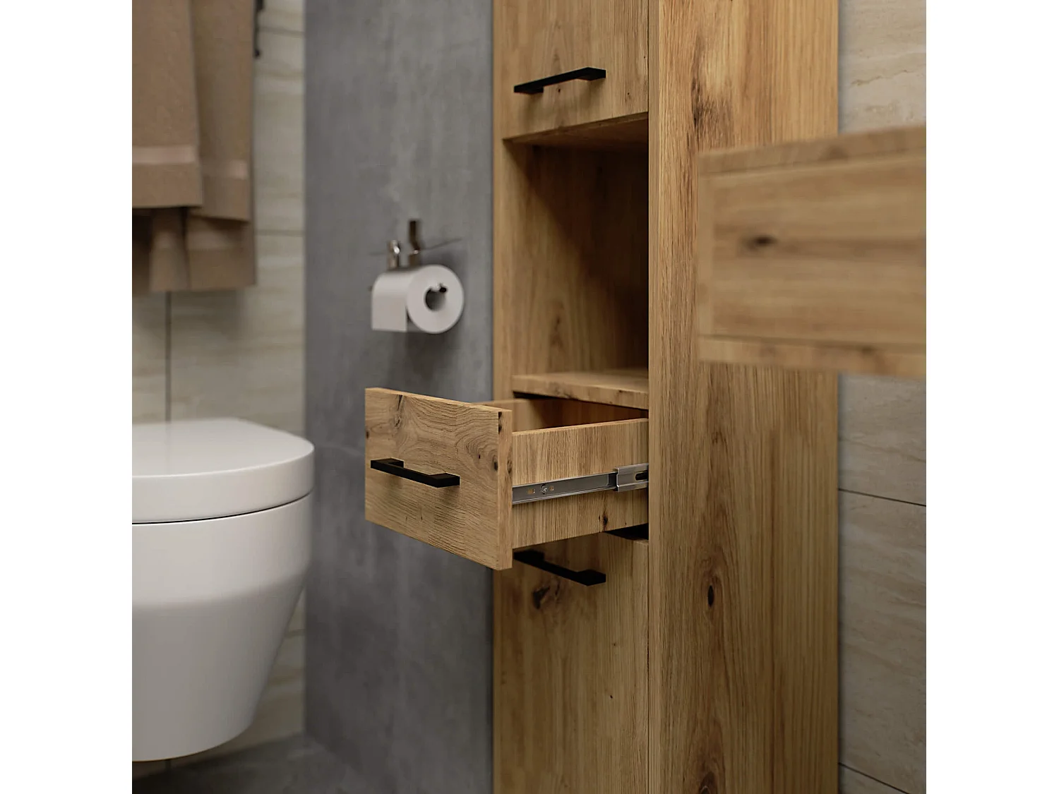 Columna de baño AKORD FIN Roble Artisan 30 cm 2 puertas 1 cajón 5 estantes 30x30x140 cm