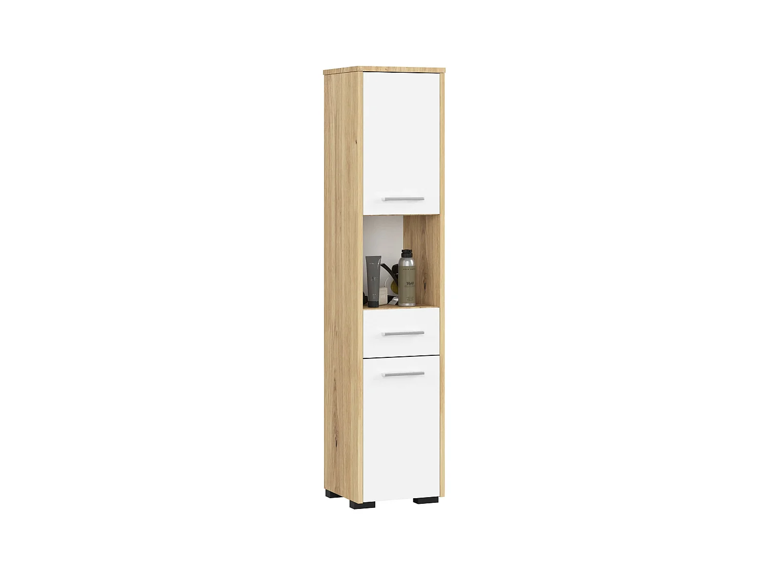 Colonne salle de bains AKORD FIN Chêne Artisan 30 cm 2 portes 1 tiroir façade Blanche 5 étagères 30x30x140 cm