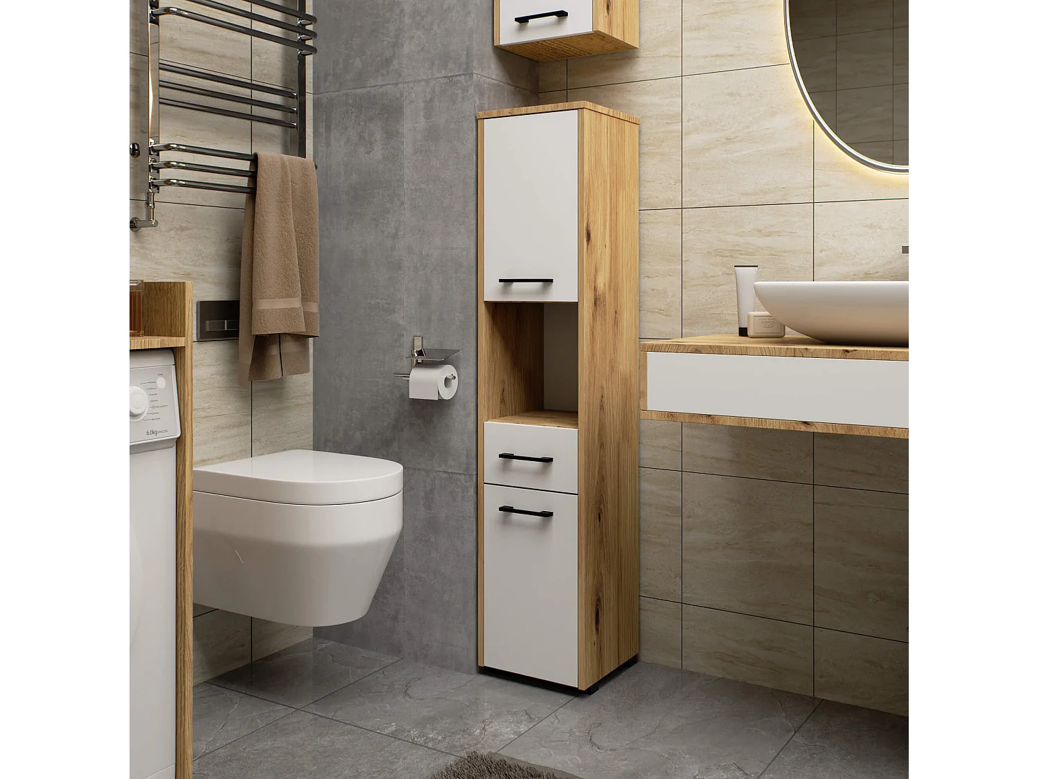 Columna de baño AKORD FIN Roble Artisan 30 cm 2 puertas 1 cajón frente en color Blanco 5 estantes 30x30x140 cm