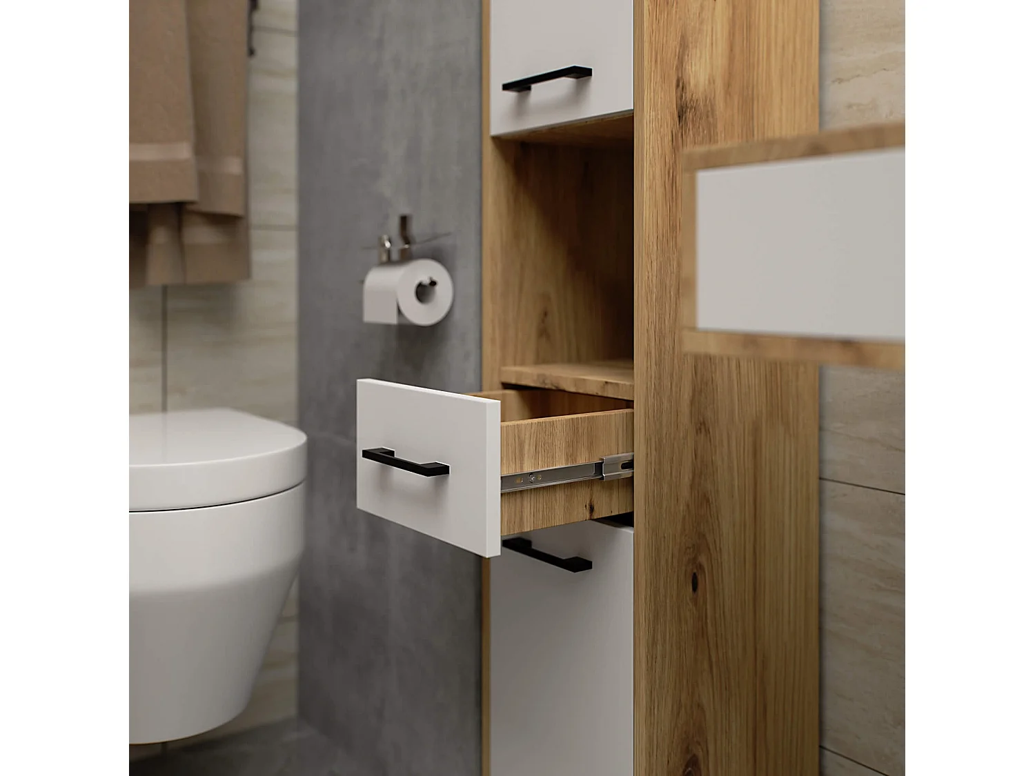 Columna de baño AKORD FIN Roble Artisan 30 cm 2 puertas 1 cajón frente en color Blanco 5 estantes 30x30x140 cm