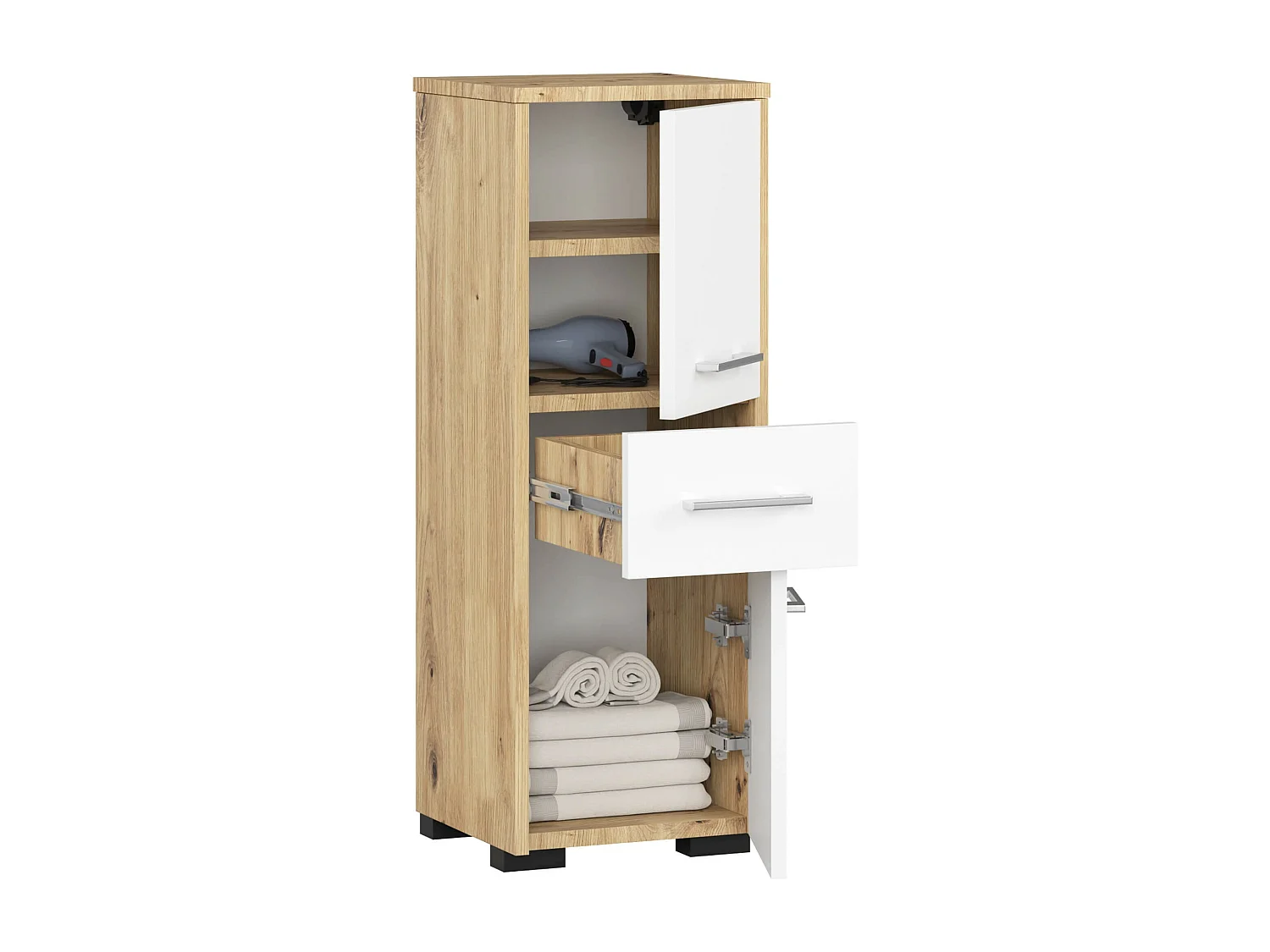 Colonne salle de bains AKORD FIN Chêne Artisan 30 cm 2 portes 1 tiroir façade Blanche 3 étagères 30x30x85 cm