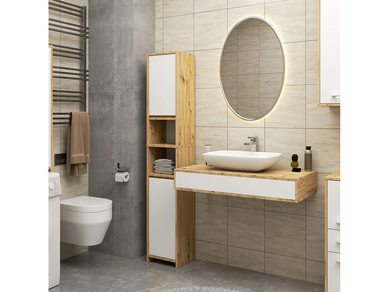 Colonne salle de bains AKORD FIN Chêne Artisan 30 cm 2 portes 1 tiroir façade Blanche 3 étagères 30x30x85 cm