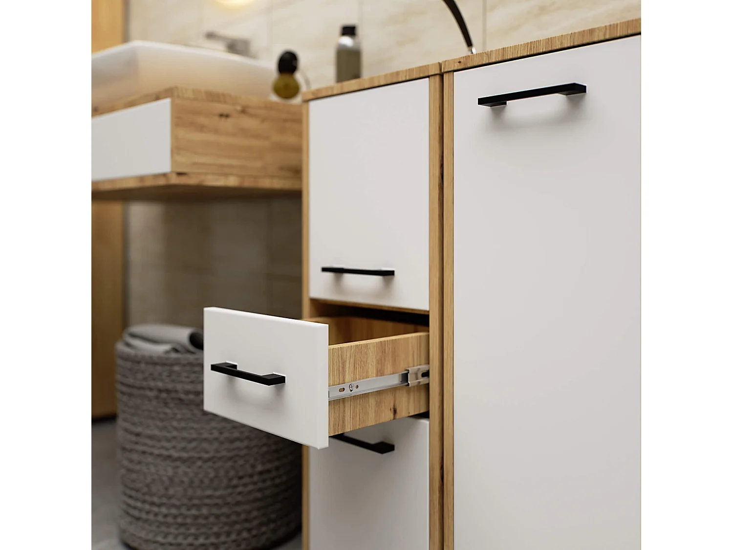 Columna de baño AKORD FIN Roble Artisan 30 cm 2 puertas 1 cajón frente en color Blanco 30x30x85 cm
