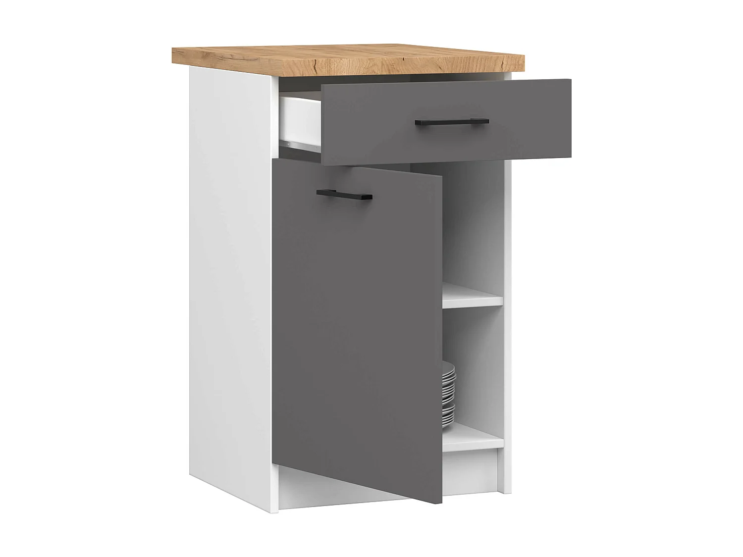 Armoires de cuisine basse AKORD S50 OLIWIA Blanc 50 cm 1 porte 1 tiroir façade Gris Graphite 2 étagères 50x46x85 cm