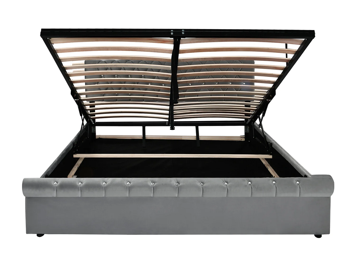 Cama estofada 160*200, com alavanca de pressão de ar e caixa de cama, cabeceira regulável em altura, veludo, cinza