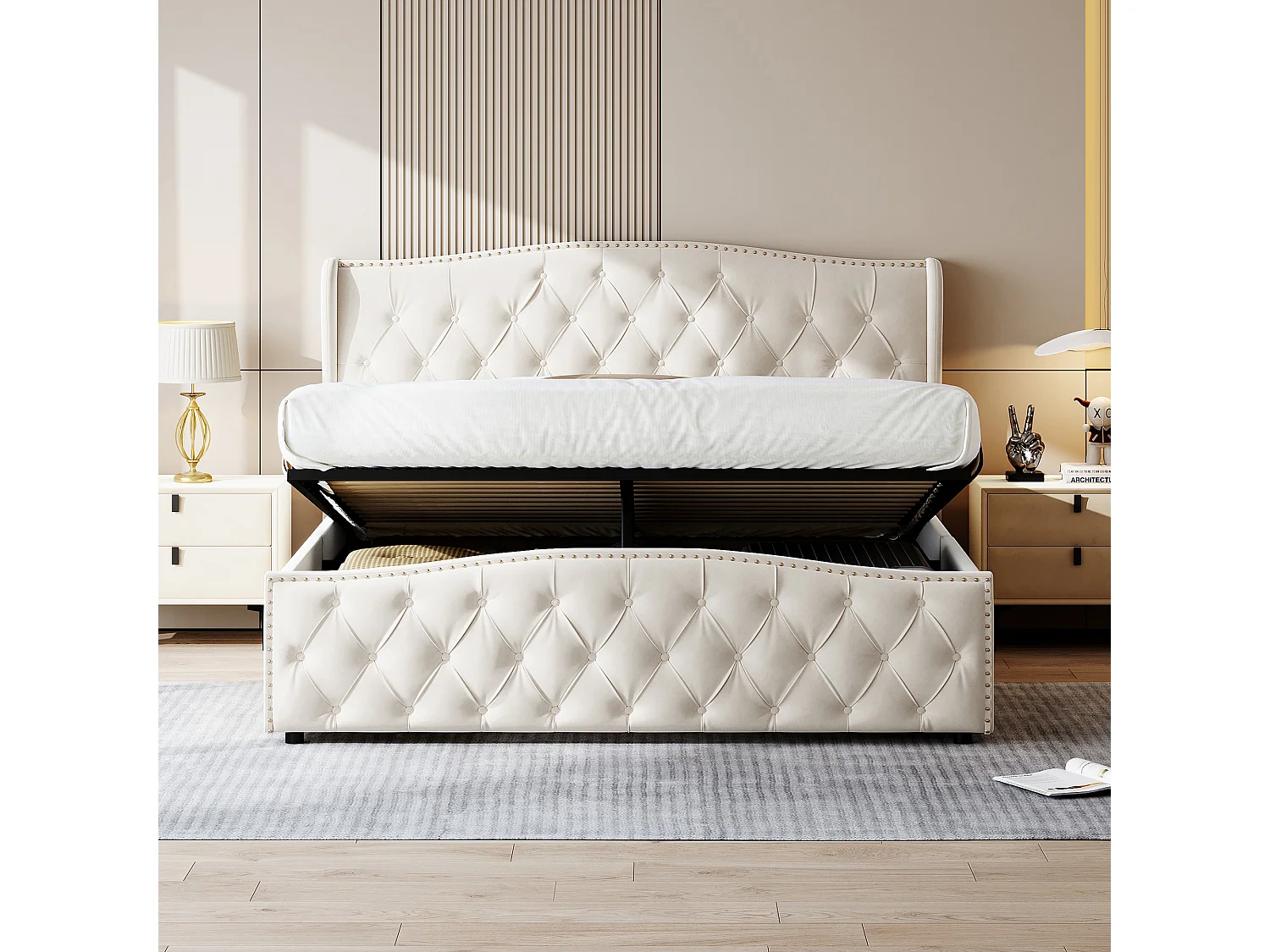 Lit coffre 160x200 cm, avec coffre de lit, rembourrage tête de lit mousse, velours, beige