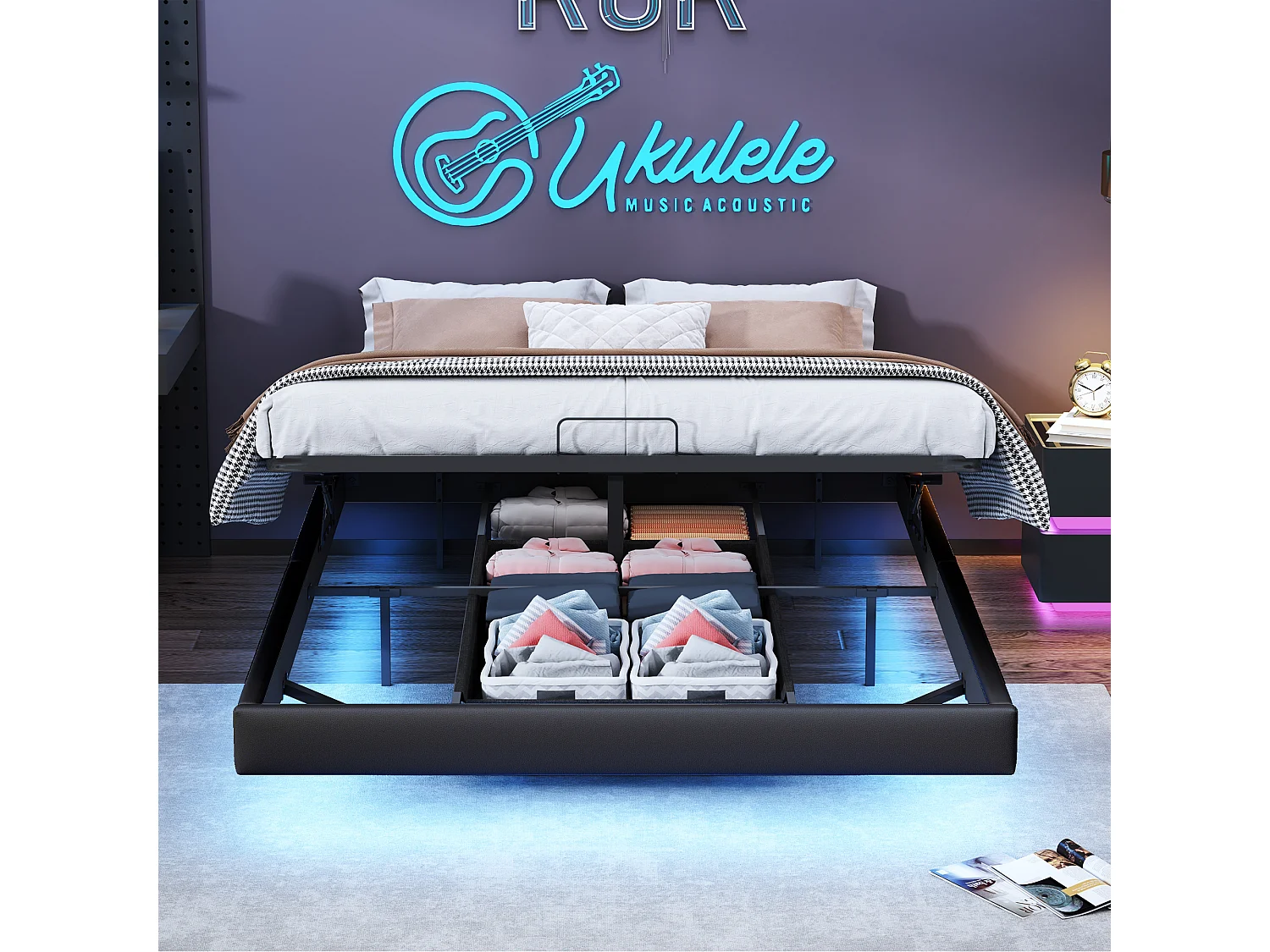 Struttura letto 160*200cm senza comodino, asta di pressione dell'aria, con presa di ricarica, striscia luminosa a LED sotto il letto, nero, pu