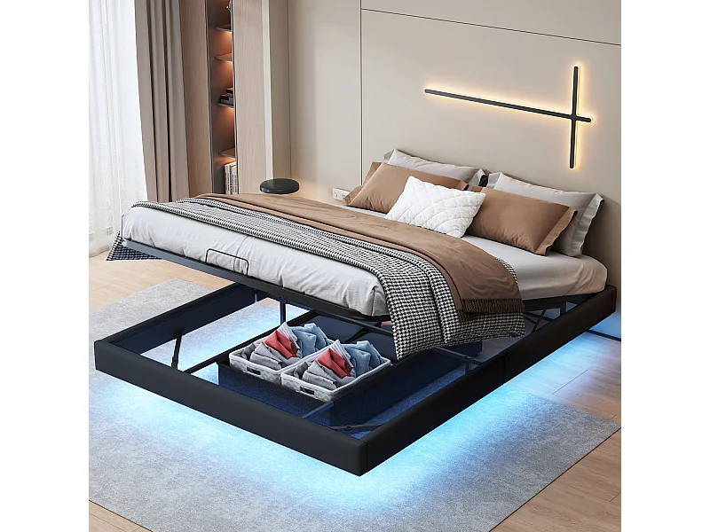 Struttura letto 160*200cm senza comodino, asta di pressione dell'aria, con presa di ricarica, striscia luminosa a LED sotto il letto, nero, pu