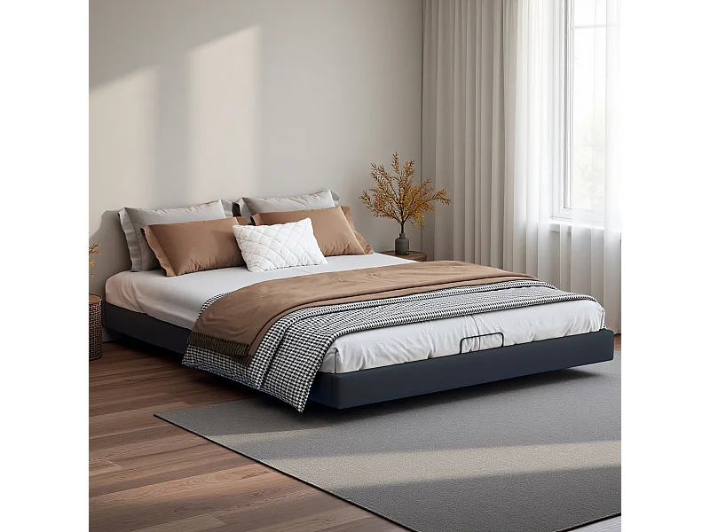 Lit 160x200 cm avec sommier à Lattes, Lit Double avec lumières LED et Espace de Rangement, Cadre de lit Flottant Moderne, Noir