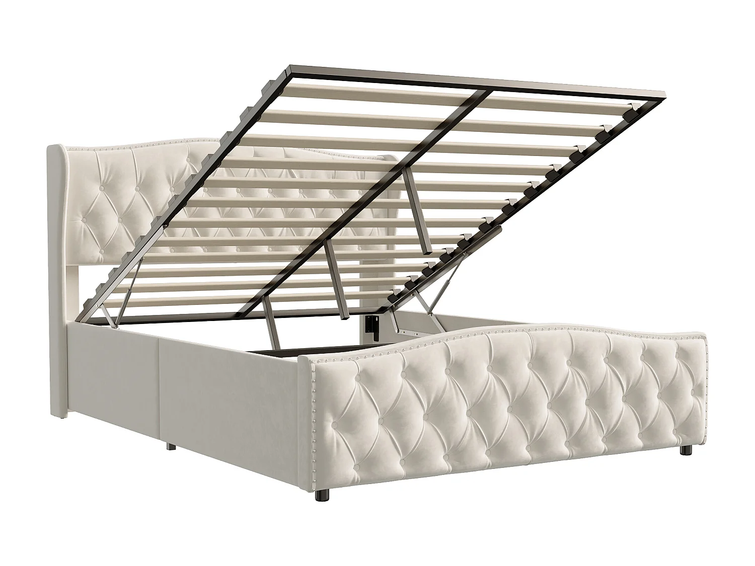 Lit double 140x200 cm, avec coffre de lit, rembourrage tête de lit mousse, velours, beige