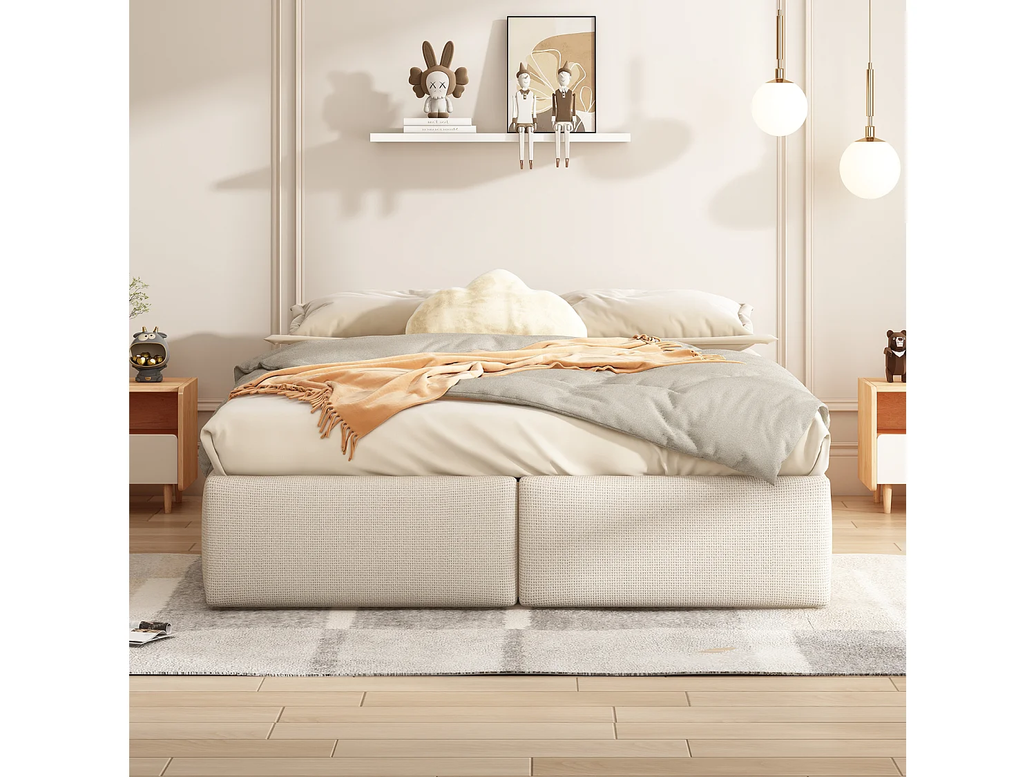 Lit capitonné 140 x 200 cm, plate-forme avec 2 tiroir, sans tête de lit, beige