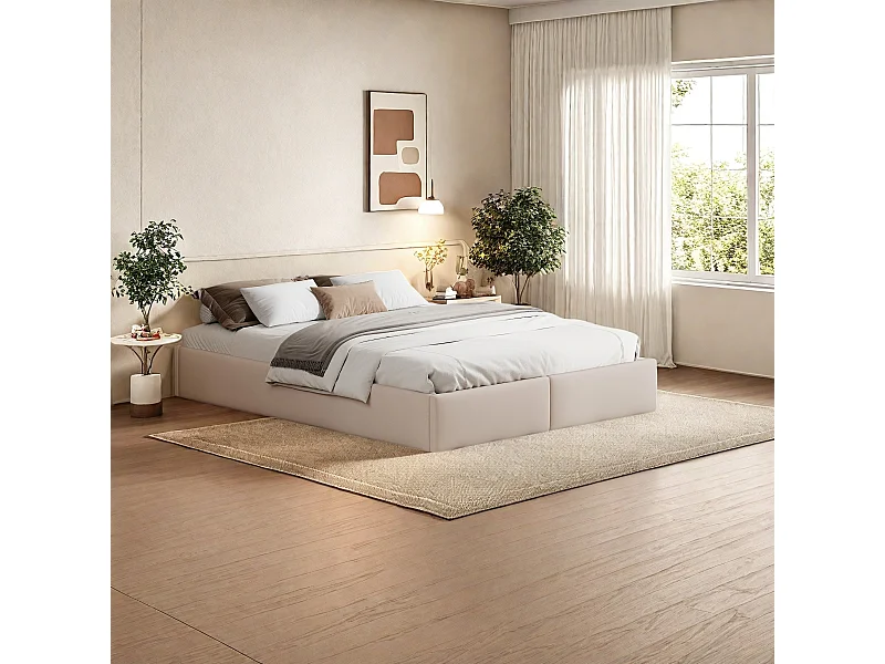 Lit capitonné 140 x 200 cm, plate-forme avec 2 tiroir, sans tête de lit, beige