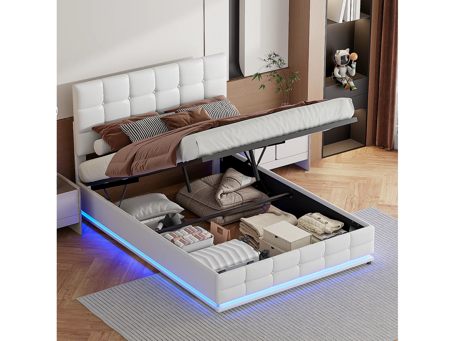 Lit rembourré 140x200 cm avec éclairage LED et rangement, avec élévateur hydraulique, coffre de lit, PU, blanc