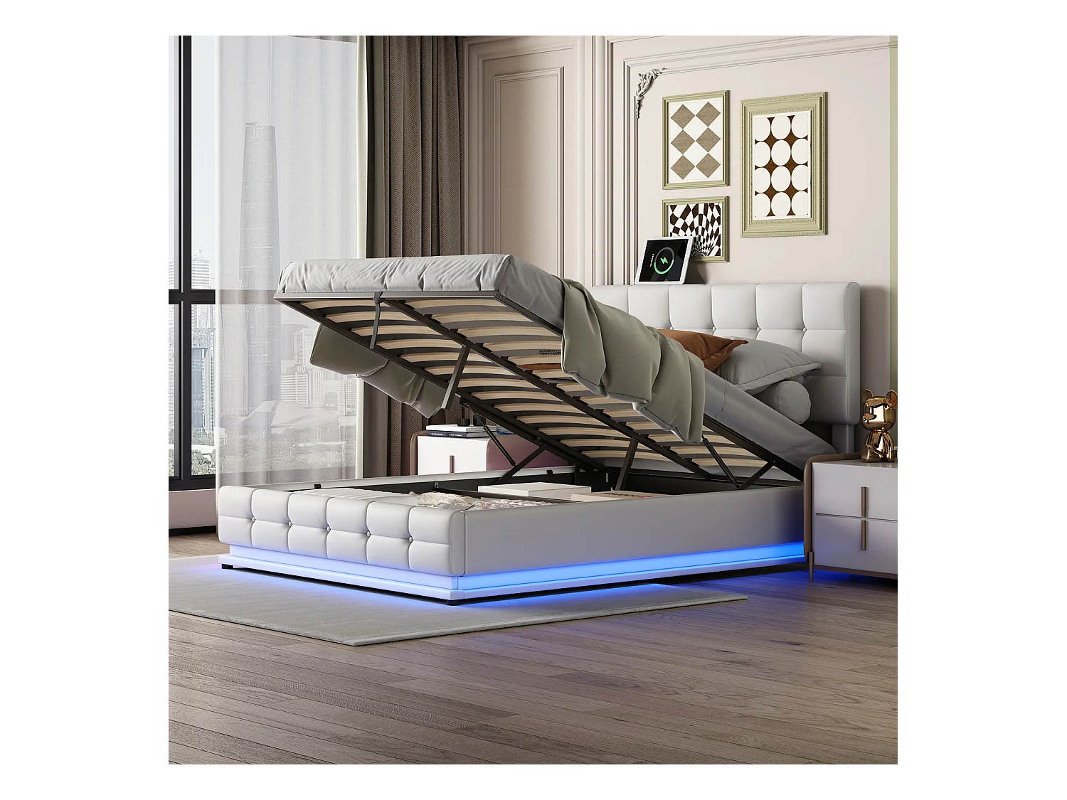 Lit rembourré 140x200 cm avec éclairage LED et rangement, avec élévateur hydraulique, coffre de lit, PU, ​​blanc