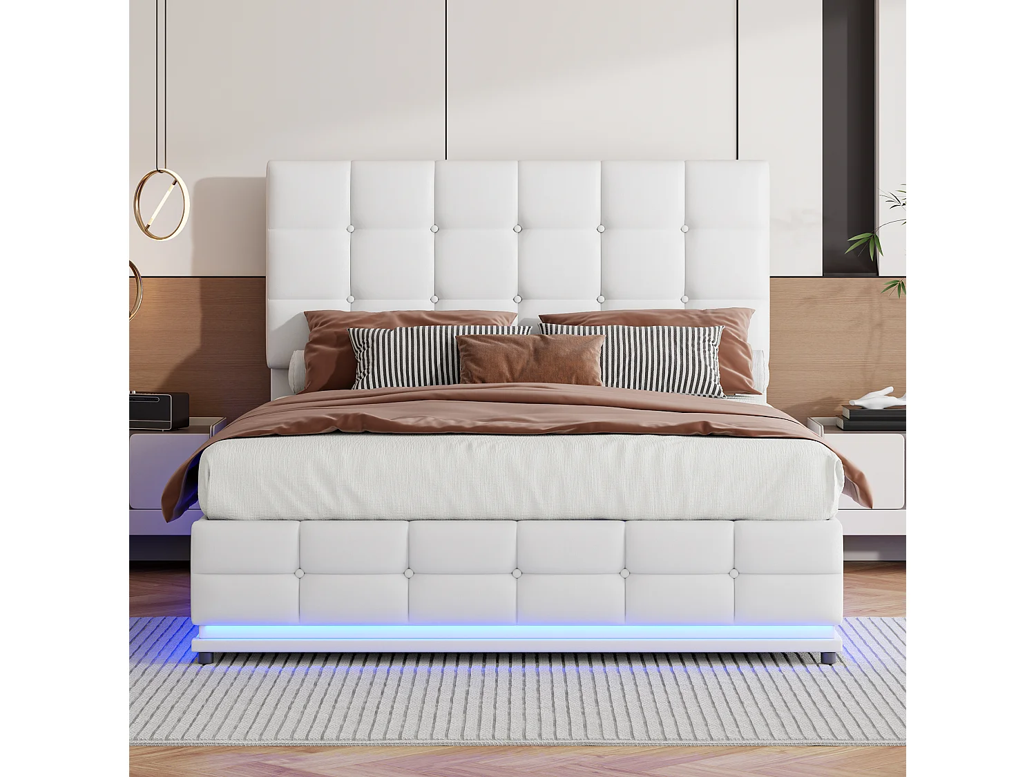 Lit rembourré 140x200 cm avec éclairage LED et rangement, avec élévateur hydraulique, coffre de lit, PU, ​​blanc