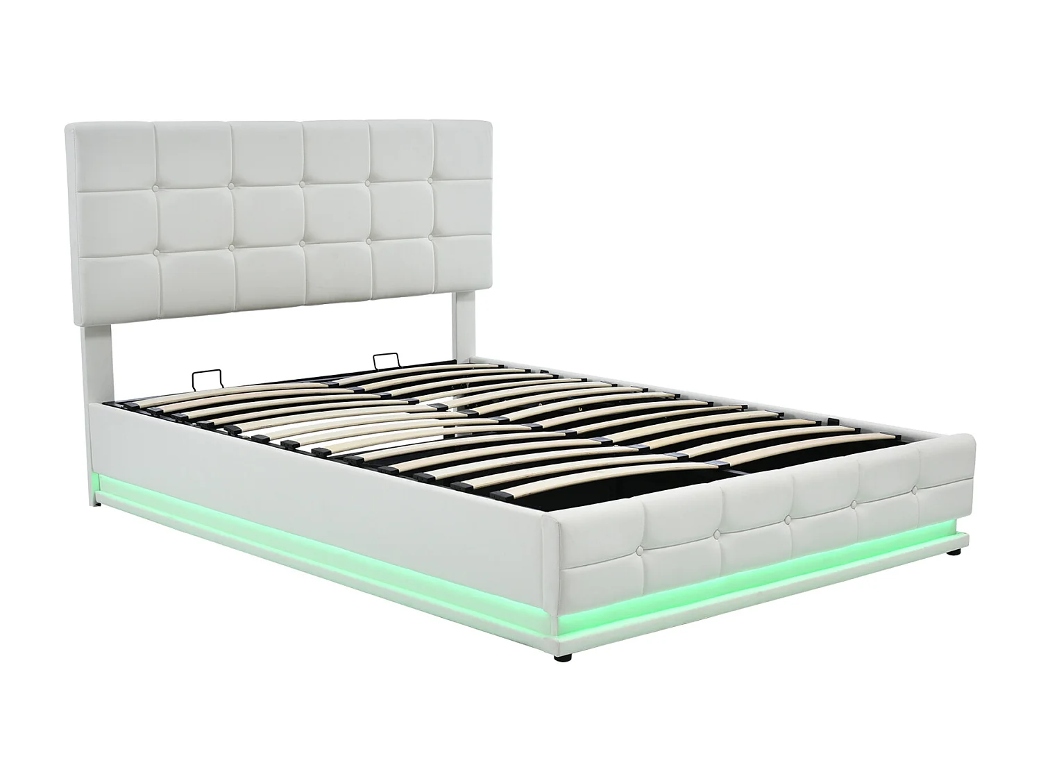Lit rembourré 140x200 cm avec éclairage LED et rangement, avec élévateur hydraulique, coffre de lit, PU, ​​blanc