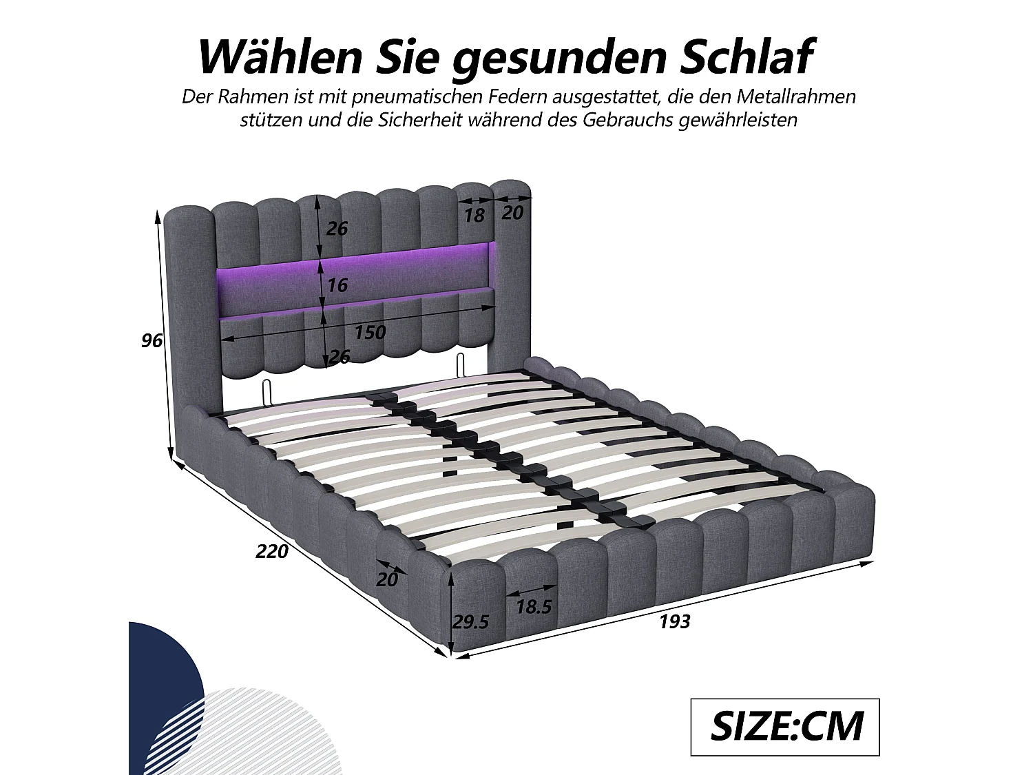 Cama doble 180*200cm, carga USB, con luz LED, con barra de presión de aire, lino, gris