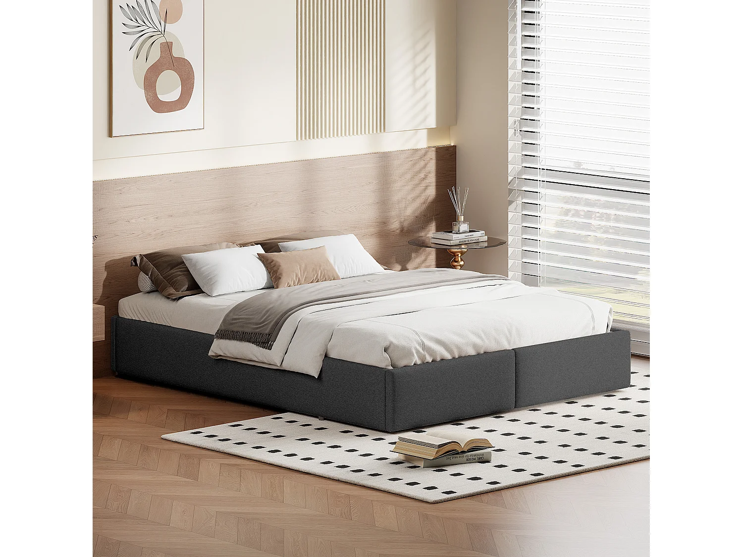 Cama estofada 140*200 cm com módulo de arrumação hidráulico e 2 gavetas, sem cabeceira, linho, cinza