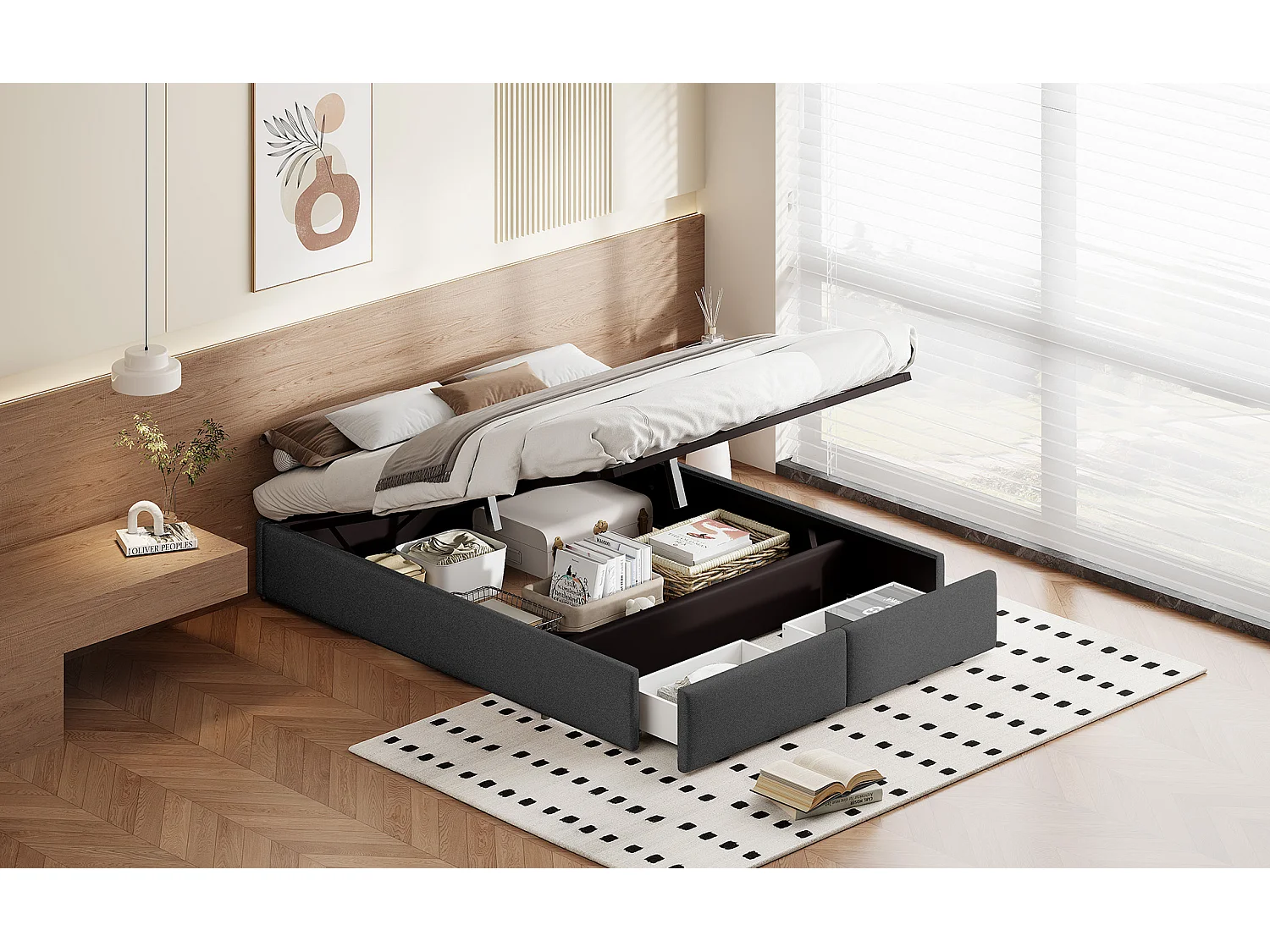 Cama estofada 140*200 cm com módulo de arrumação hidráulico e 2 gavetas, sem cabeceira, linho, cinza