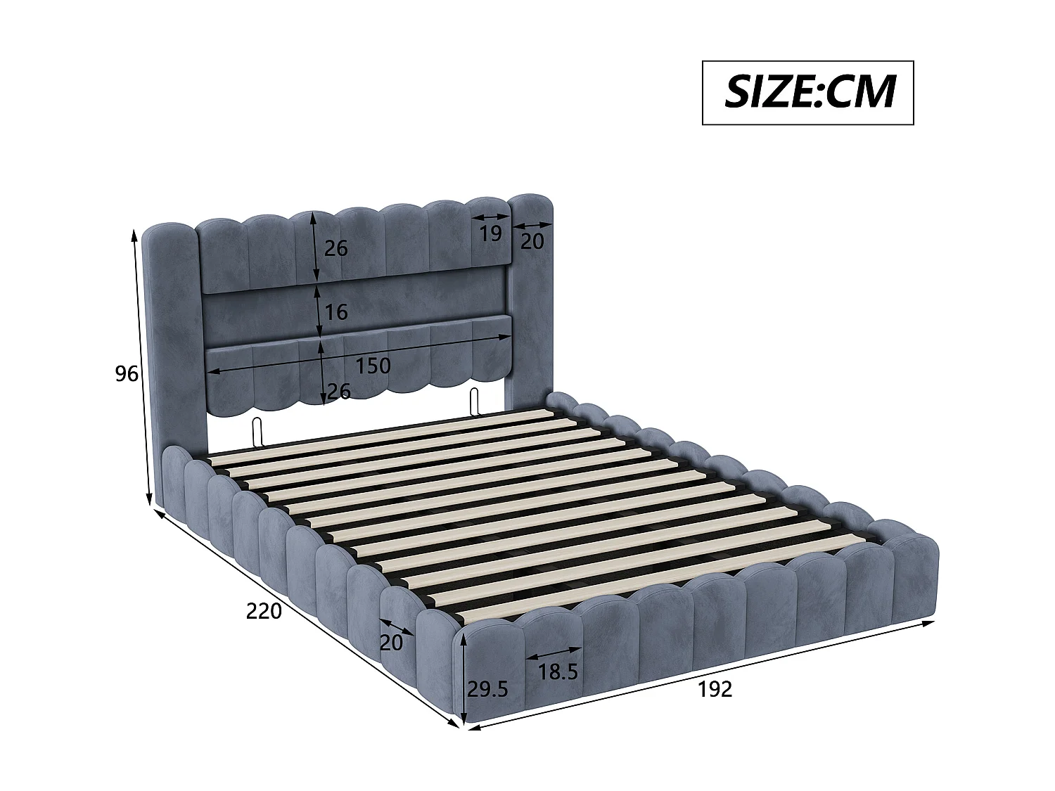 Lit double 180*200cm, chargement USB-avec lumière LED-tige de pression d'air-avec coffre de lit, gris, velours