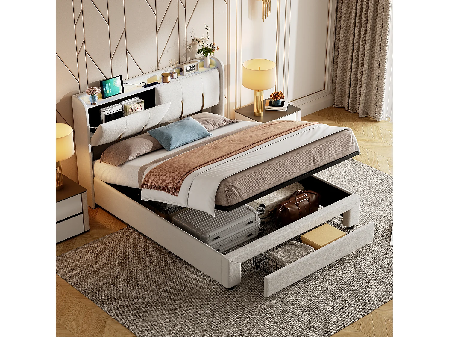 Lit double 140*200cm, avec fonction rangement, bande lumineuse et port de chargement USB, blanc cassé, velours