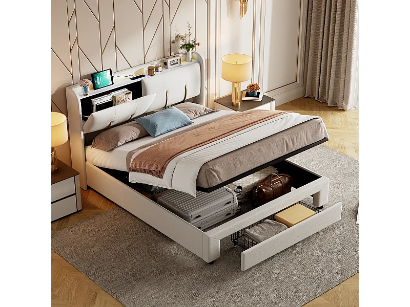 Lit double 140*200cm, avec fonction rangement, bande lumineuse et port de chargement USB, blanc cassé, velours