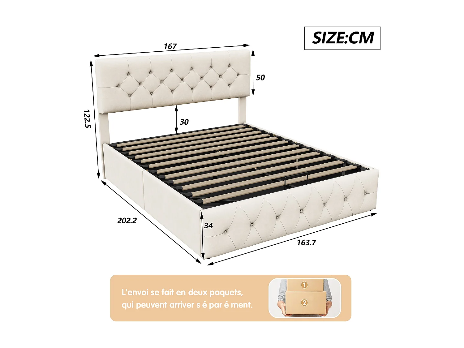 Lit Coffre 160x200 cm, Cadre de lit avec tête de Lit et sommier à Lattes, Velours, Beige