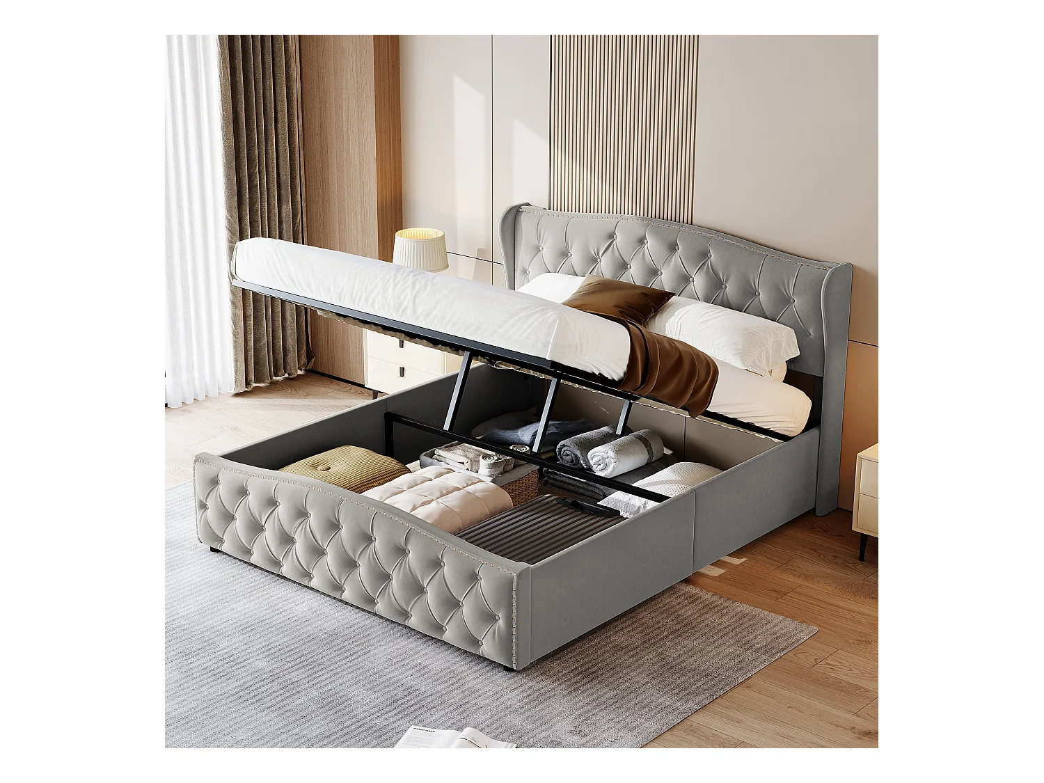 Cama de casal hidráulica 160x200 cm, com compartimento de arrumação hidráulico, com cabeceira de espuma, veludo, cinza