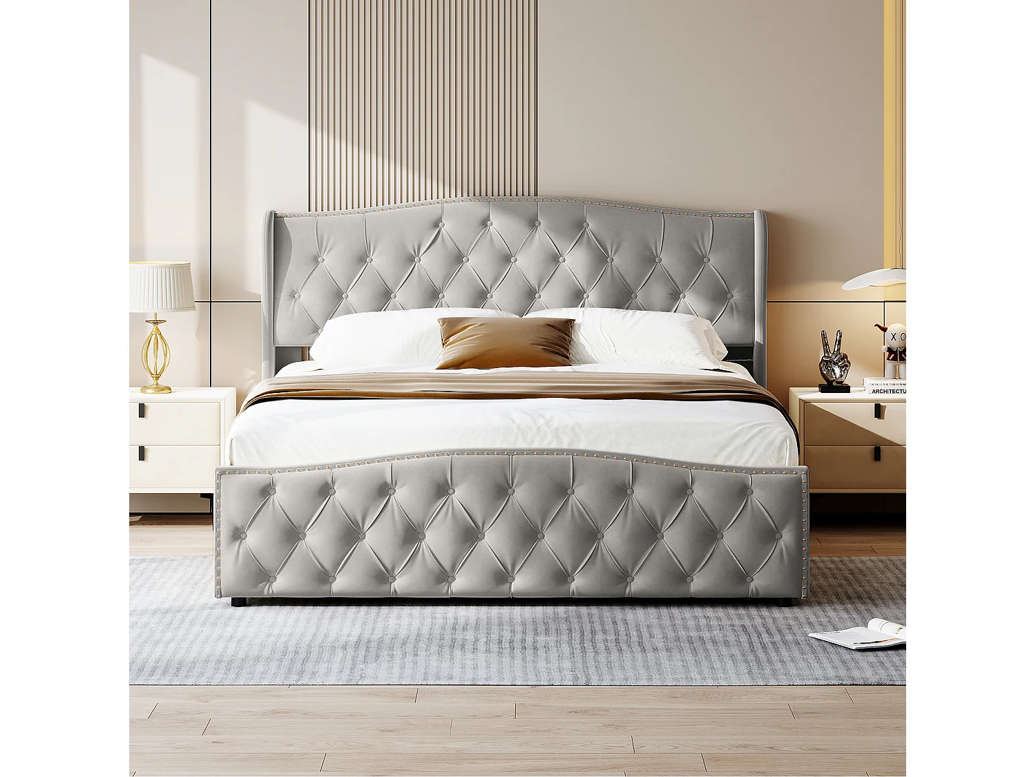 Lit double hydraulique 160x200 cm, avec rangement de lit hydraulique, avec rembourrage tête de lit en mousse, velours, gris