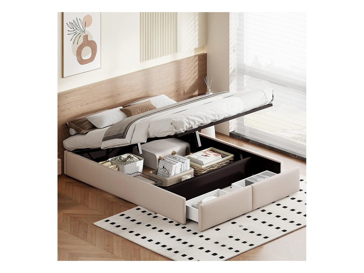 Lit coffre double 160 x 200 cm à levier hydraulique, avec coffre de lit et tiroirs, beige