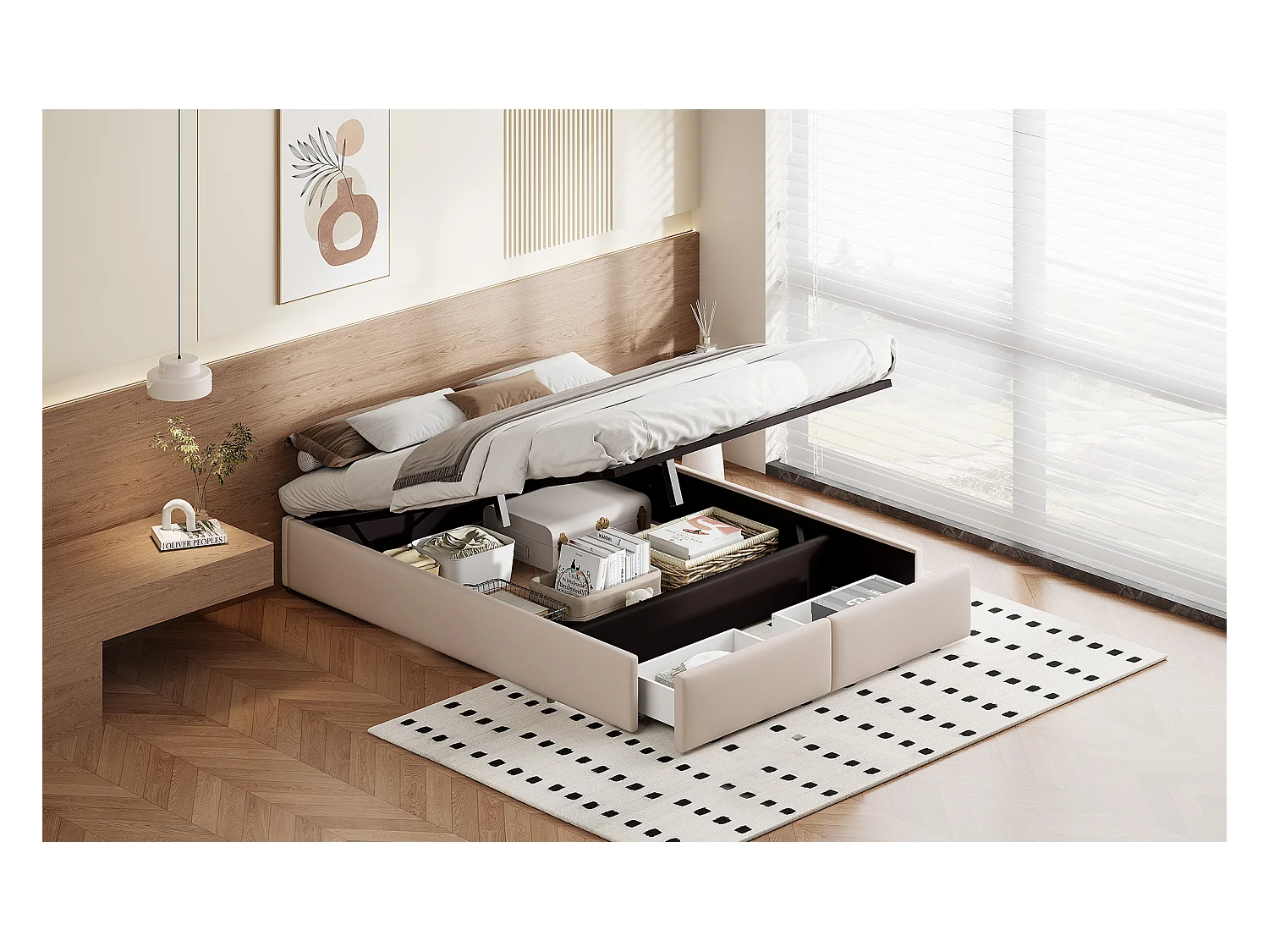 Lit coffre double 160 x 200 cm à levier hydraulique, avec coffre de lit et tiroirs, beige