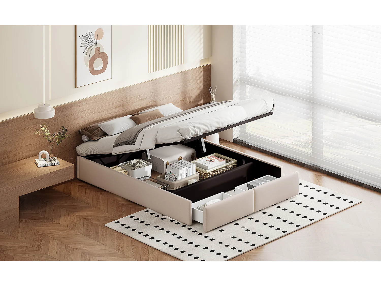 Lit coffre double 160 x 200 cm à levier hydraulique, avec coffre de lit et tiroirs, beige