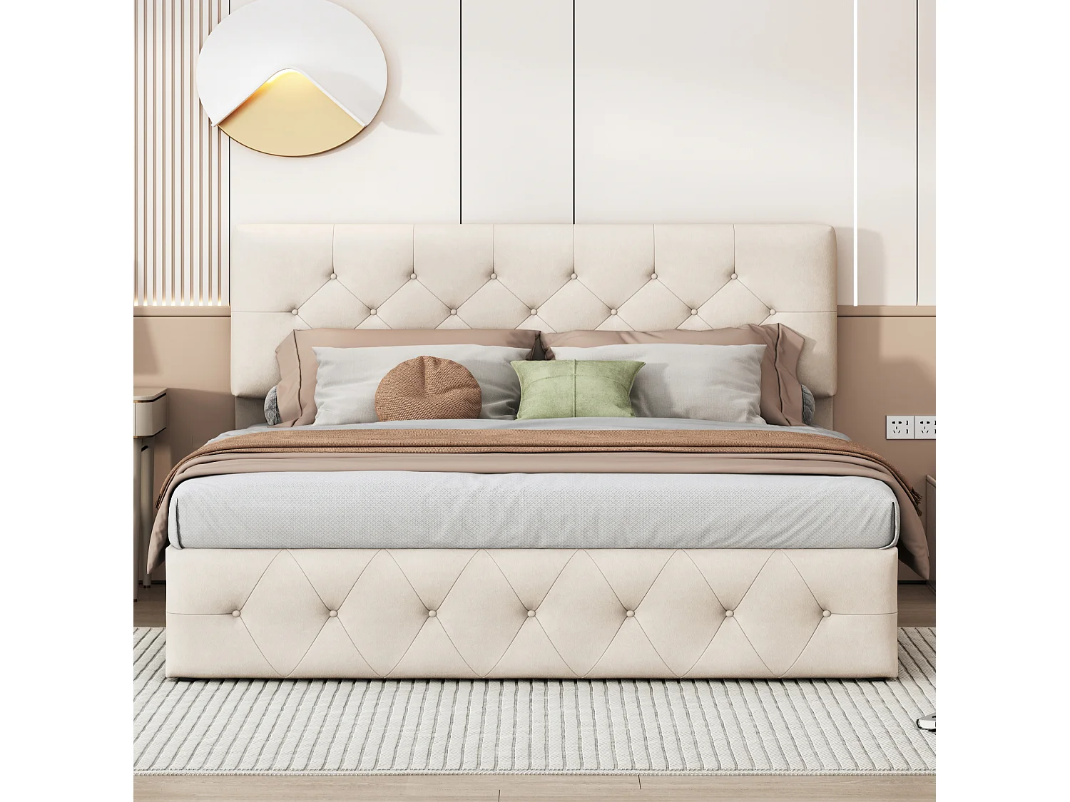 Lit Coffre 140x200 cm, Cadre de lit avec tête de Lit et sommier à Lattes, Velours, Beige